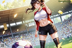 A woman in a soccer uniform standing on a field.