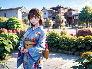 A woman in a blue kimono sitting on a ledge.