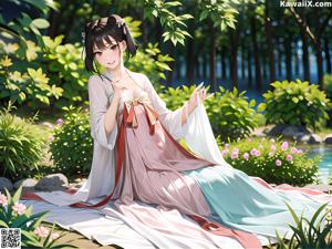 A woman in a long white dress standing under a tree.