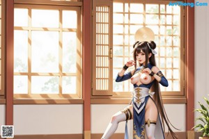 A woman in a blue traditional outfit with long hair and accessories.
