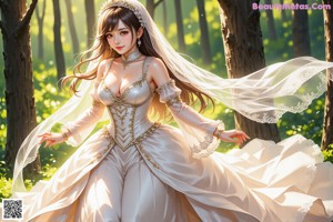 A woman in a wedding dress standing in the woods.