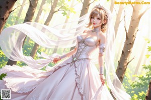 A woman in a wedding dress sitting in the woods.
