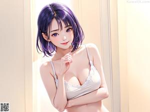 A woman in a white dress sitting on a blue couch.