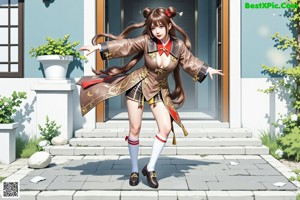 A woman in a costume is posing for a picture.