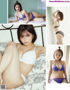 A woman in a white bra and panties posing on a bed.