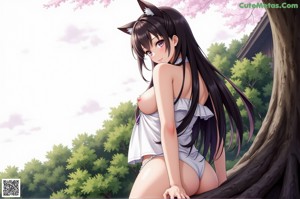 A naked anime girl sitting on a green couch.