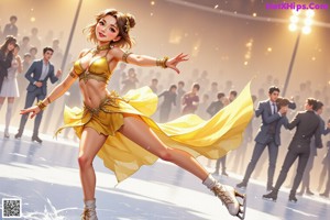 A woman in a brown dress is dancing in front of a carousel.