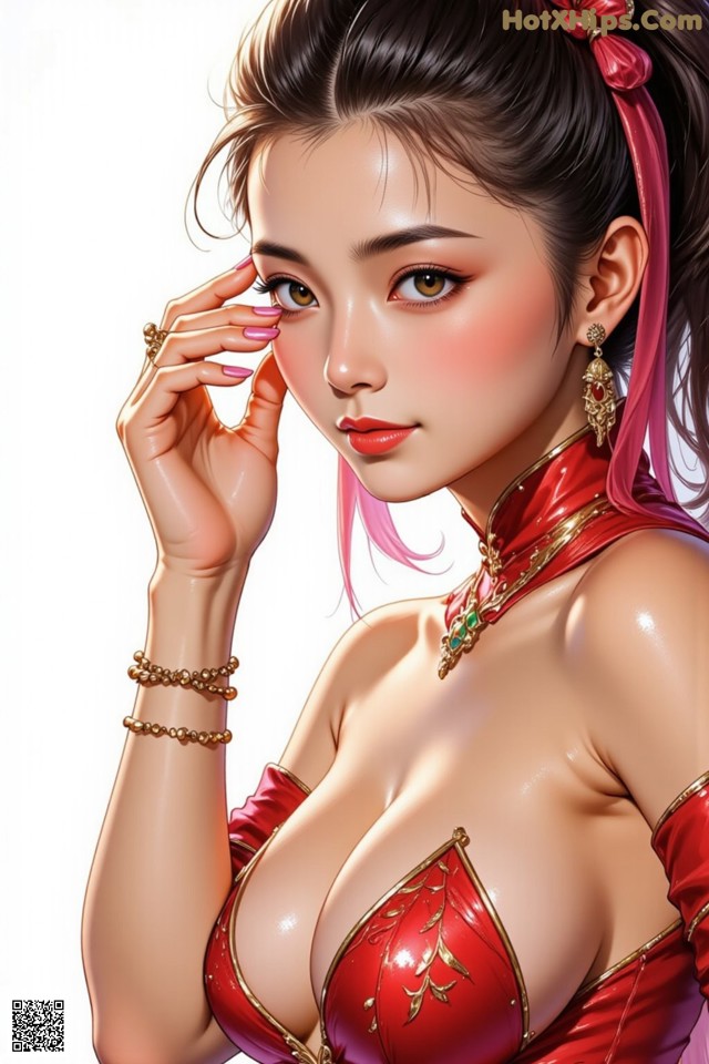 A woman in a red dress with a pink hairband.