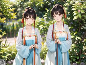 A woman in a white kimono standing in a garden.