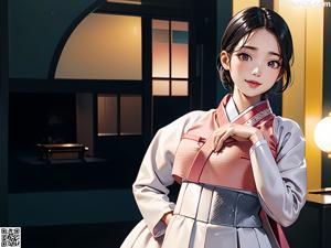 A girl in a kimono standing in front of a bunch of flowers.