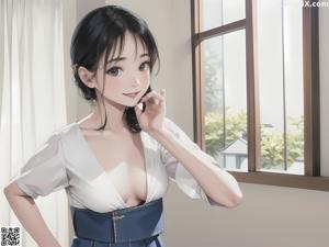 A woman in a kimono standing in front of a window.