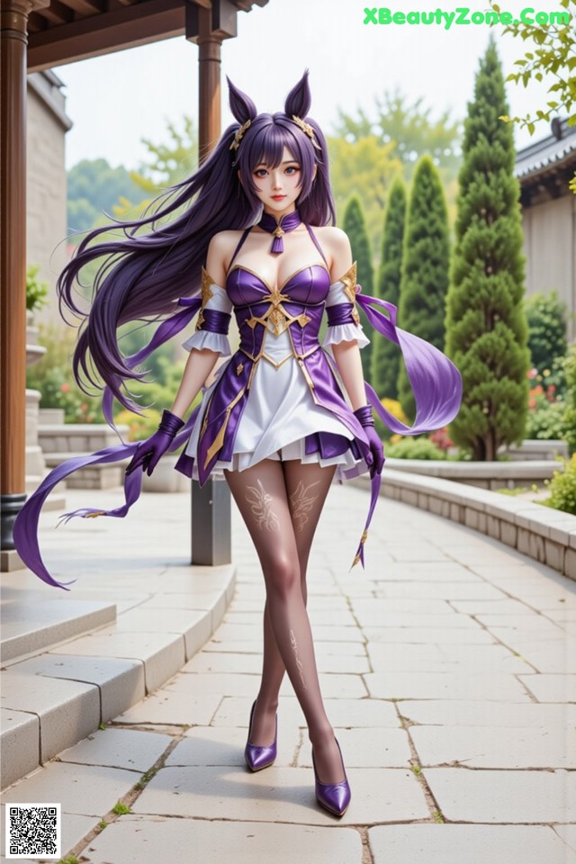 Hentai - Sovereign of Lightning in Exquisite Garb Set.1 20250125 Part 7 No.7961bf A woman in a purple and white outfit is walking down a sidewalk.