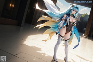 A woman with long blue hair standing in front of a building.