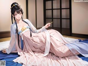 A woman in a pink and white kimono sitting on a bed.