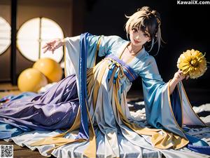 A woman in a white kimono is posing for a picture.