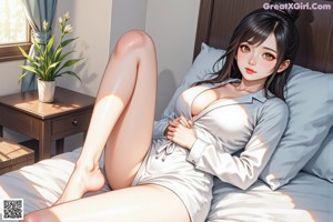 A woman in a green robe sitting on a bed.