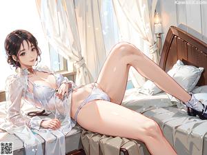 A woman sitting on top of a bed next to a window.