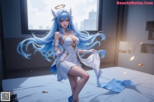 A woman in a white dress with blue hair posing for a picture.