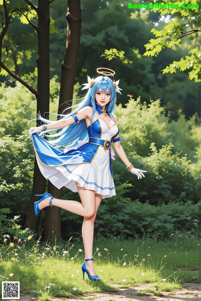 Hentai - Captivating Grace of the Cosmic Maiden Set.2 20250125 Part 1 No.009679 A woman in a blue and white dress is dancing in the grass.
