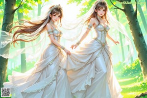 A woman in a wedding dress standing in the woods.