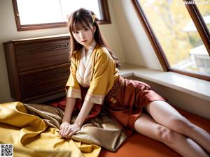 A woman in a purple kimono sitting on a table.