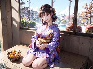 A woman in a kimono sitting on a wooden bench.