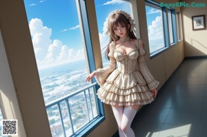 a woman in a dress and stockings posing on a bed