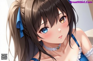 A woman in a maid outfit sitting on a bed.