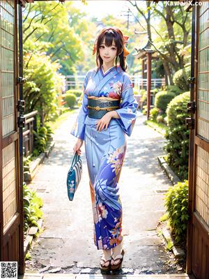 A woman in a kimono sitting on a bed.