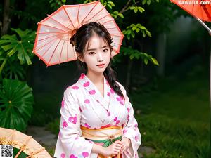 A woman in a kimono sitting on a bed holding an umbrella.