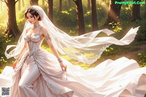 A woman in a wedding dress is walking through the woods.