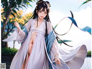A woman in a blue kimono standing in front of a tree.