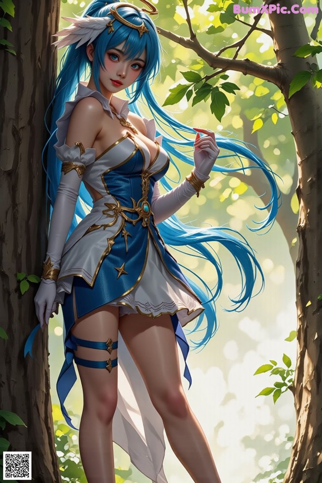 A woman with long blue hair standing next to a tree.