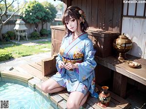 A woman in a purple kimono with a flower in her hair.