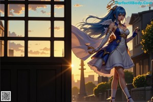 A woman in a red and white dress with blue hair.