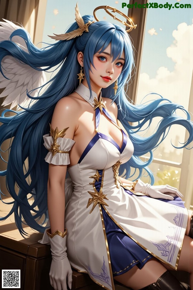 Hentai - Captivating Grace of the Cosmic Maiden Set.1 20250124 Part 9 No.f8d237 A woman with long blue hair sitting on a window sill.