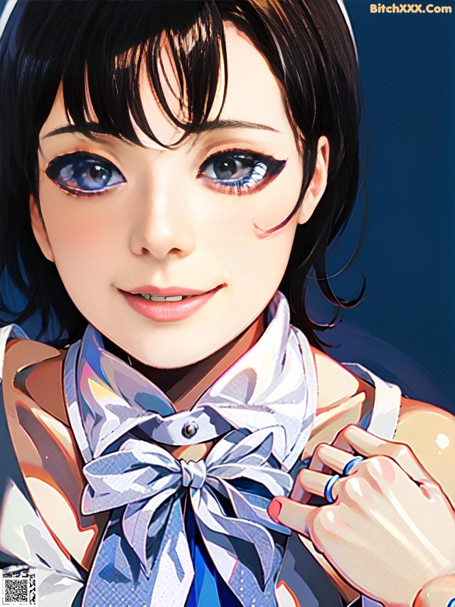 A woman with black hair and blue eyes wearing a scarf.