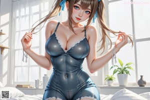 A woman in lingerie sitting on a bed.