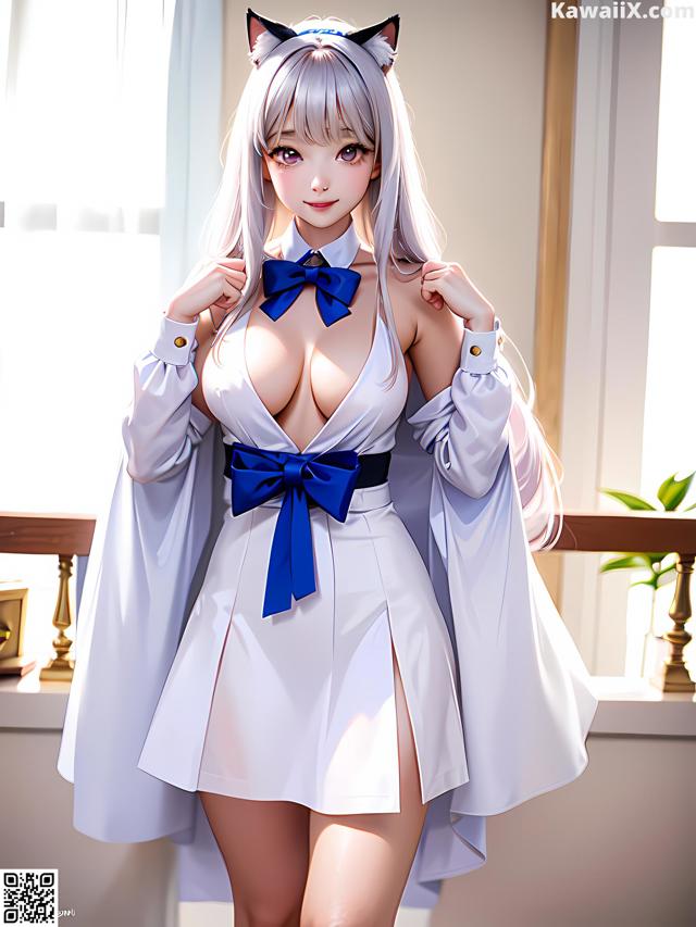 A woman in a white dress with a blue bow tie.