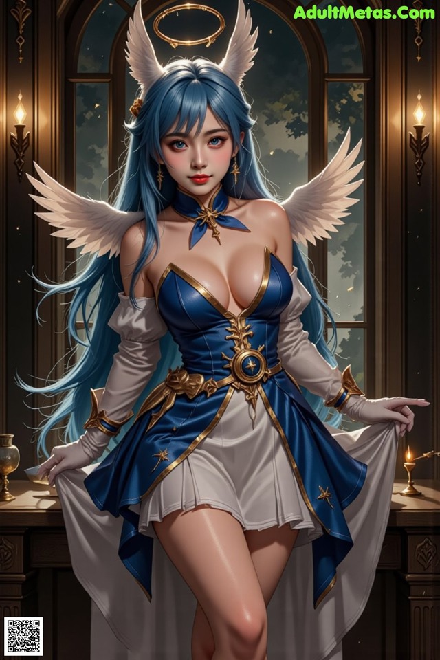 Hentai - Captivating Grace of the Cosmic Maiden Set.2 20250125 Part 13 No.2c69cb A woman dressed as an angel with blue hair and white wings.