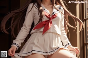 A woman in a school uniform is posing for a picture.