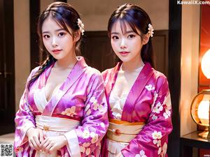 A woman in a pink and purple kimono posing for the camera.