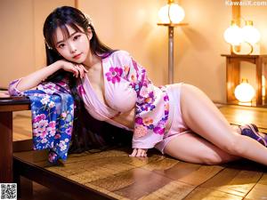 A woman in a pink and purple kimono posing for the camera.