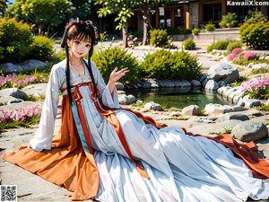 A woman in a kimono standing in front of a mirror.