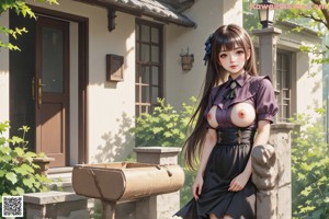 a sexy anime girl with big tits sitting on a table