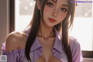 A woman in a purple shirt and black skirt sitting on the floor.