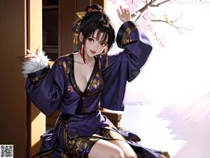 A woman in a blue kimono sitting on a chair.