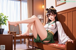 A naked woman sitting on a bed in a room.