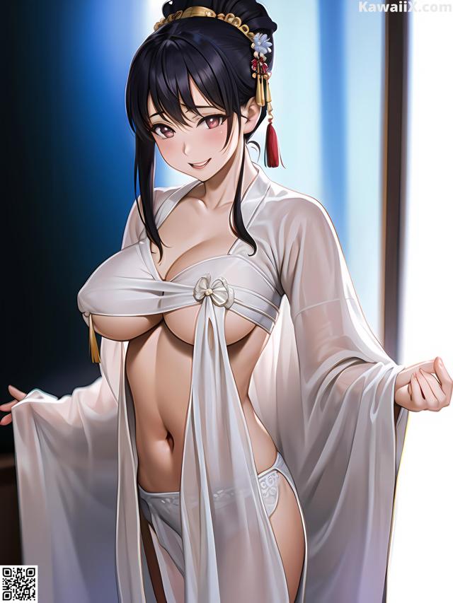 A woman in a white kimono is posing for the camera.