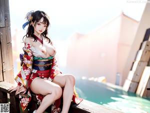A woman in a kimono sitting on a wooden bench.